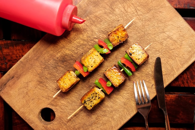 Tofu breaded. Vegetarian shish kebab with tofu cheese.