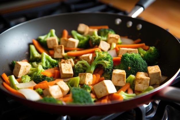 Photo tofu broccoli and carrot stirfry in a wok