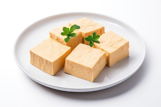 토푸 치즈 고립 된 흡연 채식주의 치즈 슬라이스 슬라이스 된 콩 코드 콩 단백질 또는 TSP