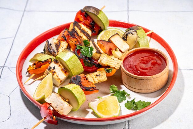 Tofu cheese kebabs on skewers with vegetables