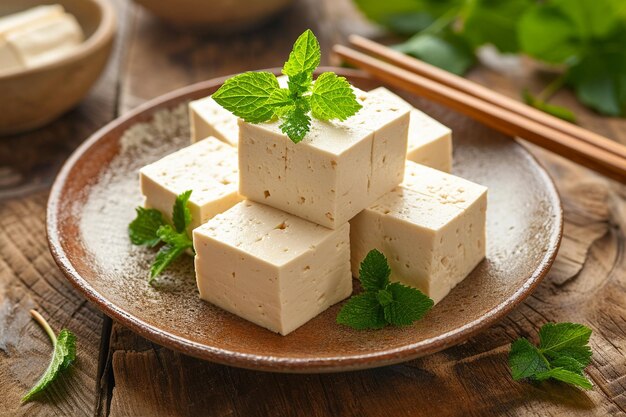 Photo tofu cheese on plate with chopsticks isolated