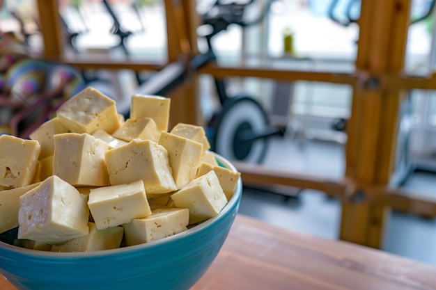 Tofu cubes bowl with a spinning class session behind