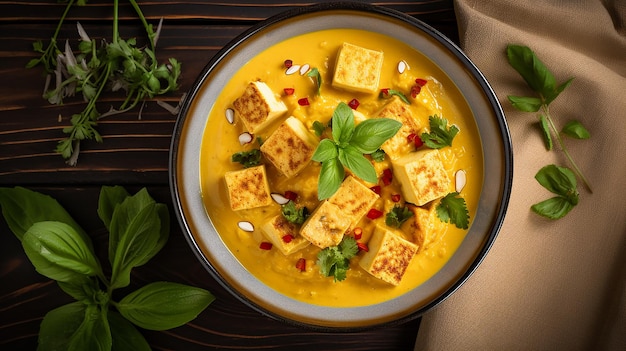 Tofu gele Thaise curry geserveerd in een kom