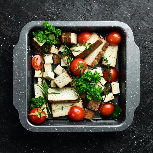 Foto tofu kaas salade van tofu kaas tomaten olijfolie en rozemarijn en kruiden in een kom op een stenen achtergrond