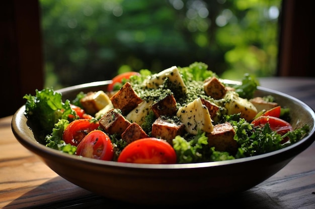 Foto insalata di tofu e cavolo cesare