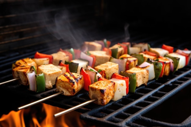 Tofu-kebabs worden op een grill geplaatst