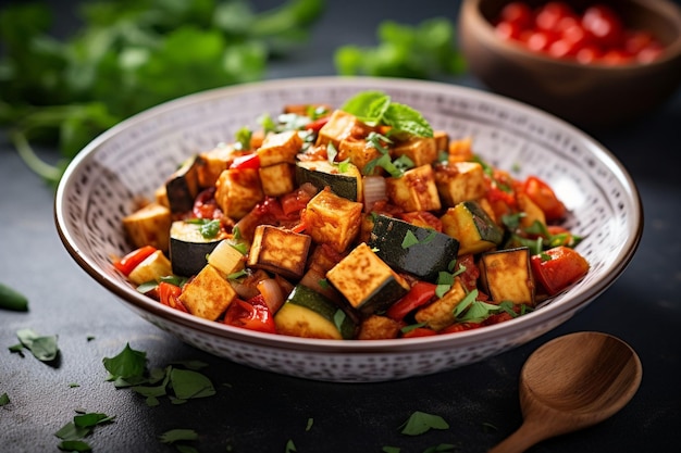 Foto lasagna al tofu con strati di tagliatelle e salsa