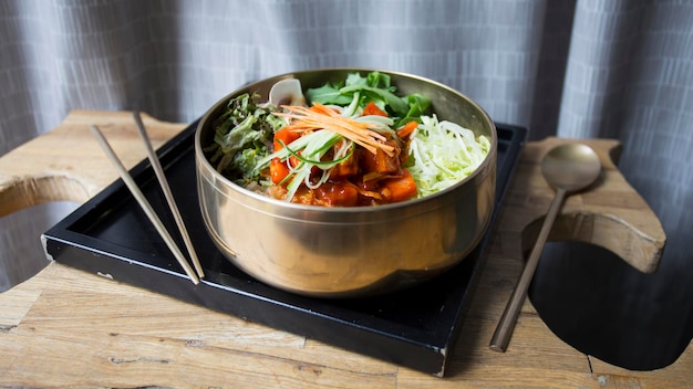 Tofu salad with kimchi and vegetables. Traditional asian recipe.