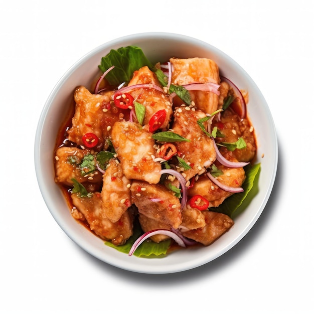 Tofu salad with sesame seeds and red onion on white background