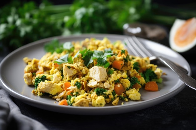 Tofu scramble met groenten en kruiden op bord gemaakt met generatieve ai