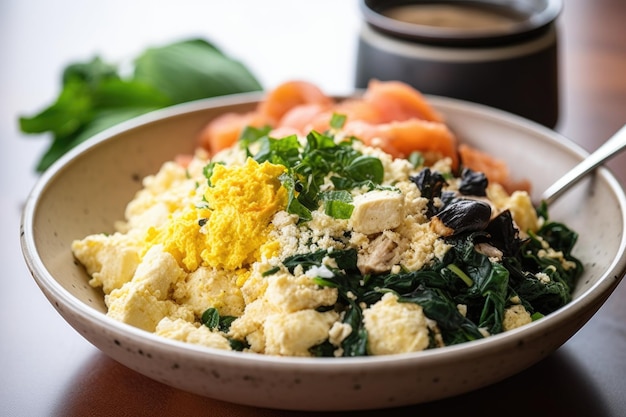 Tofu scramble met scrambled eieren en kaas bekleed met kruiden gemaakt met generatieve ai