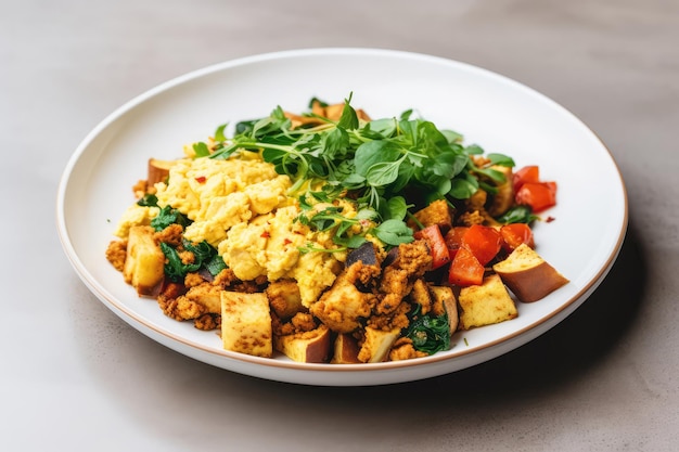 Tofu scramble op bord in een minimalistisch café