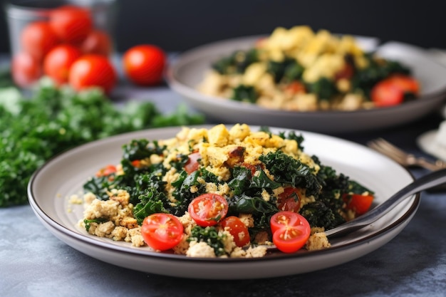 Tofu scramble with scrambled eggs tomatoes and cilantro created with generative ai