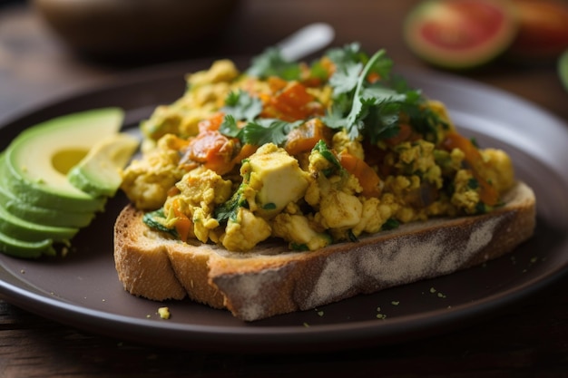 Tofu scramble with vegetable mix and avocado on toast created with generative ai