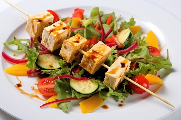Tofu skewers in a bed of fresh salad on a white plate