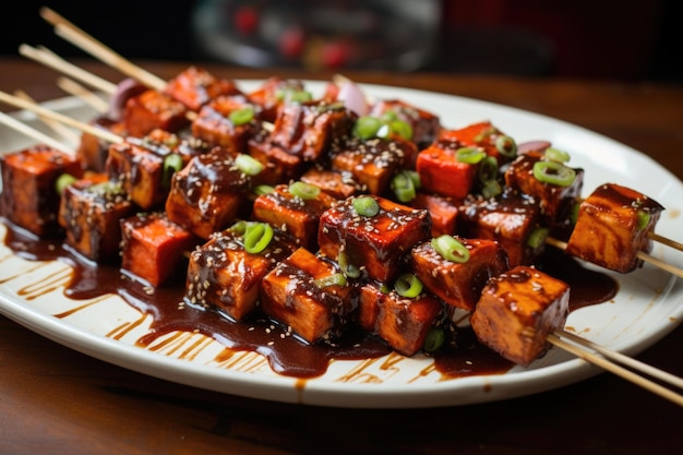 Tofu skewers marinated in bbq sauce