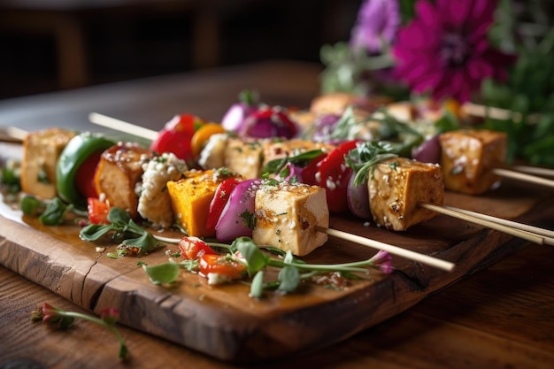 Фото Шашлычки из тофу на кедровой доске с яркими овощами, созданные с помощью генеративного искусственного интеллекта