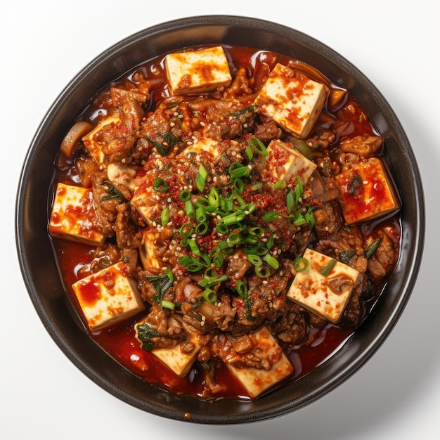 tofu stir with ground beef spicy sauce korean top view