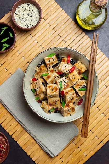 Tofu in teriyaki sauce with green onions chili peppers and
sesame asian food vegetarian food healthy eating