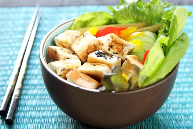 Tofu with fresh vegetables Salad in a bowl