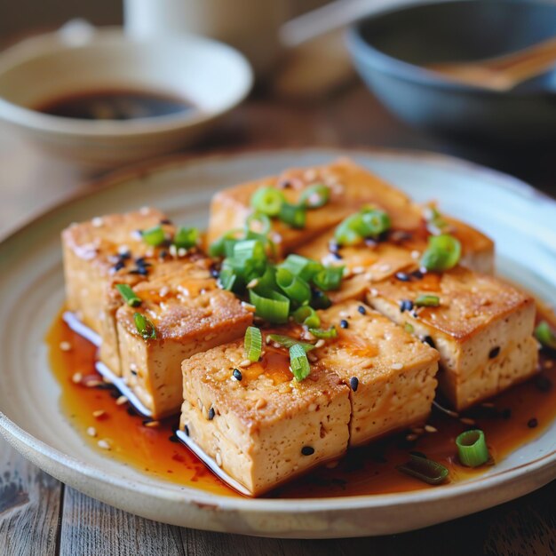 Tofu with soy sauce and green onions on a wooden table