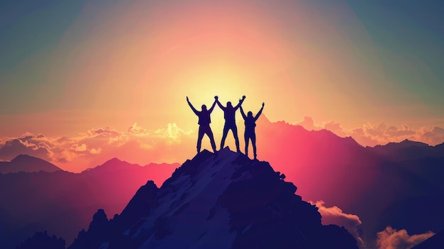 Together overcoming obstacles as a group of three people raising hands up on the top of a mountain Celebrate victory and success over sunset background Goal achievement symbol