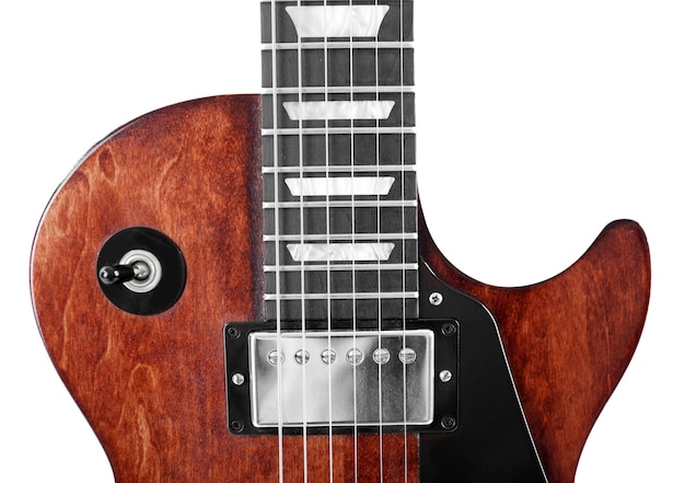 화이트 절연 갈색 일렉트릭 기타의 토글 스위치와 목
