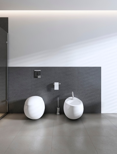 Toilet and bidet in white bathroom. 3D rendering