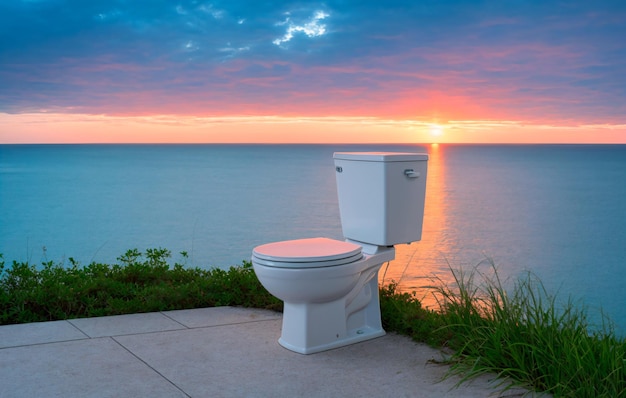 Toilet bowl on the terrace with sea view and sunset Generative AI