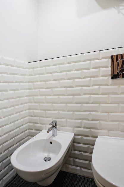 Toilet and detail of a corner shower bidet with wall mount shower attachment