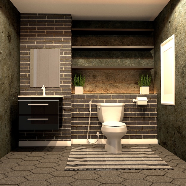 Toilet loft style with black brick on hexagon tile floor. 3D rendering