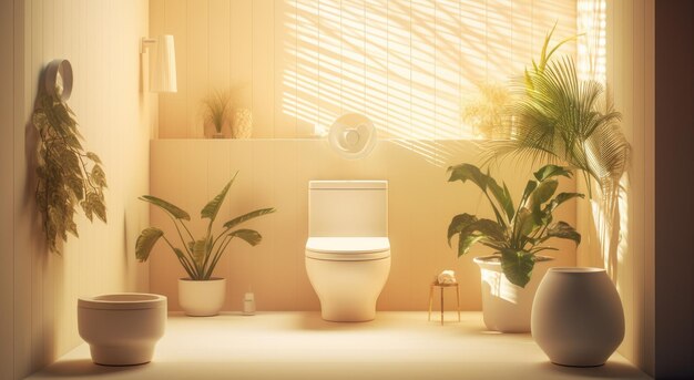 Photo a toilet in modern bathroom with a plant and a white sink