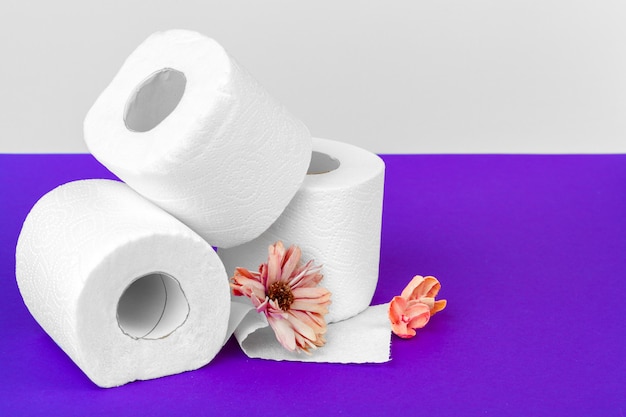 toilet paper rolls with natural flowers close up