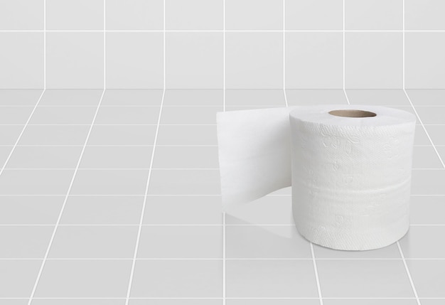 Toilet paper in white ceramic tile room