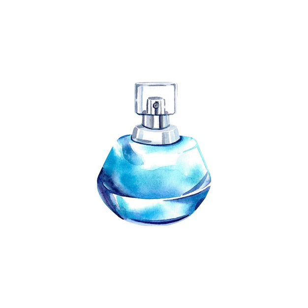 The toilet water is blue Women's perfume Watercolor illustration on an isolated background Beauty and fashion The fragrant smell of flowers Stylish incense