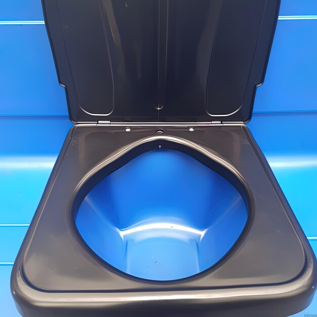 a toilet with the lid up and the lid up is blue