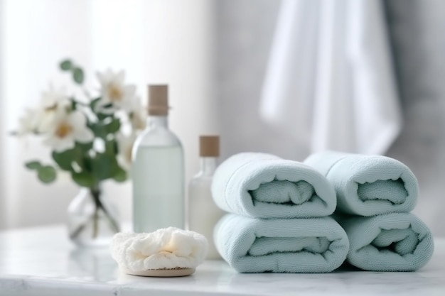 Toiletries soap towel on blurred white bathroom background