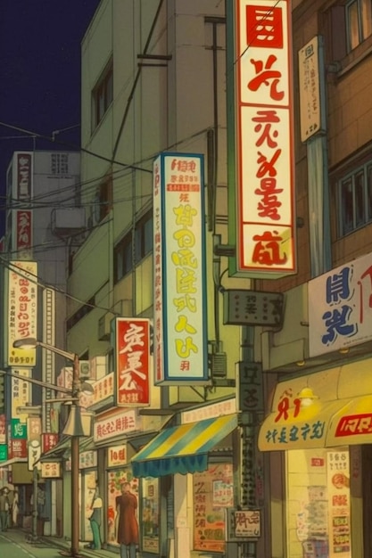 Tokyo City straten bij nacht vintage poster stijl illustratie AI gegenereerd