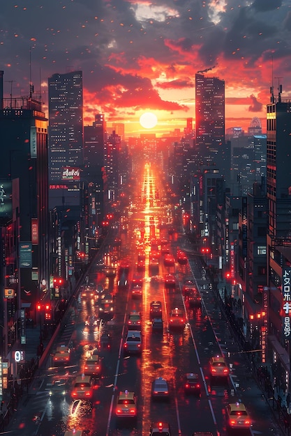 Photo tokyo city sunset with neon lights