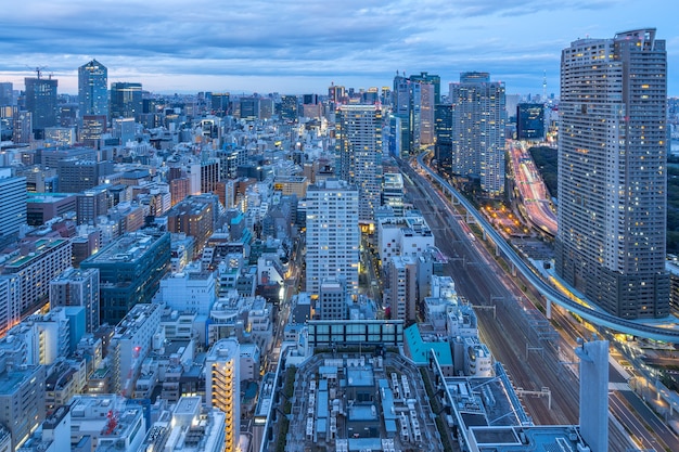 Foto orizzonte di paesaggio urbano di tokyo a tokyo, giappone durante la notte.