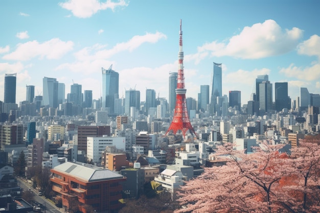 Tokyo cityscape with cherry blossom and Tokyo Tower Japan City view with Tokyo Tower Tokyo Japan AI Generated