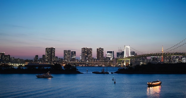 Tokyo, Japan, 02 July 2019: Odaiba city skyline in the evening