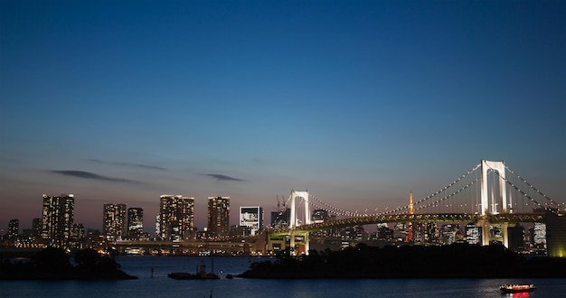Tokyo, Japan, 02 July 2019: Odaiba city skyline in the evening