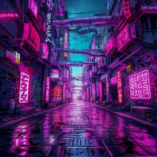 Tokyo Nightscapes Neon Lights and Kanji Graffiti in Blacklight AI Generated