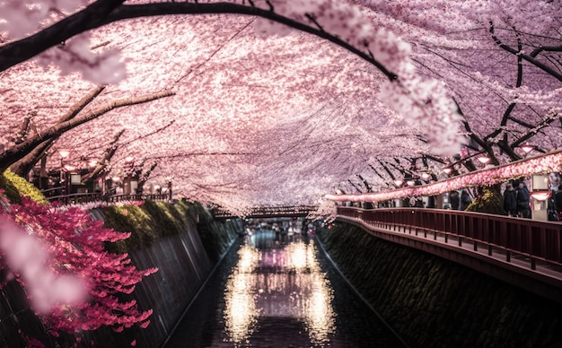Tokyo sakura kersenbloesem met licht bij Nakameguro Tokyo Generative AI