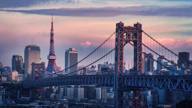 Tokyo skyline with rainbow bridge and tokyo tower tokyo japan