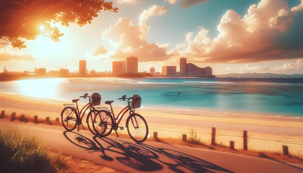 Photo tokyo sumida river cruise two bikes pedaling along the river with reflecting skyline travel photo