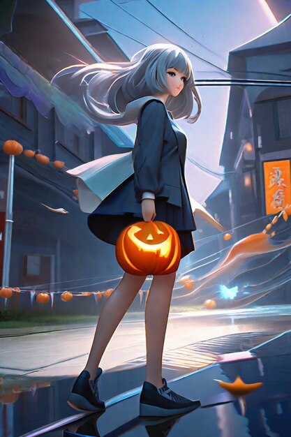 Tokyo Twilight Magic Een grijsharig Koreaans schoolmeisje Halloween Nacht