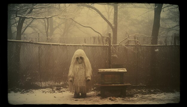 Photo tokyo wooden no face golem at stall along the park trails in heavy snowy winter night full body