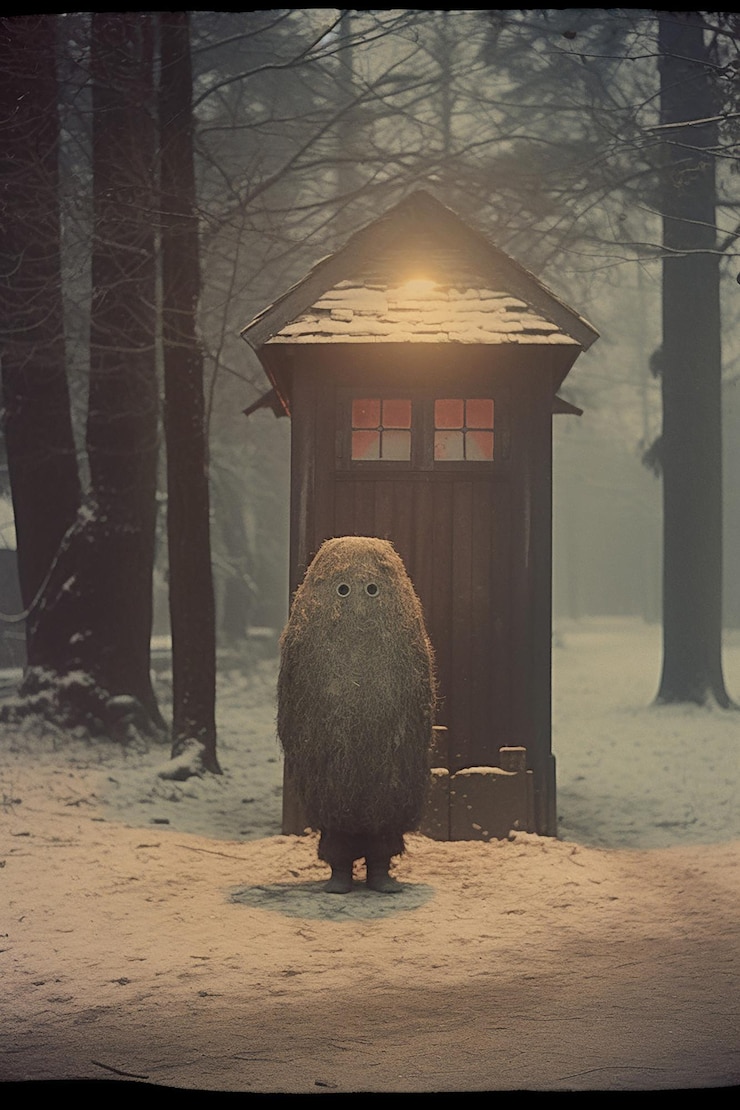 Photo tokyo wooden no face golem at stall along the park trails in heavy snowy winter night